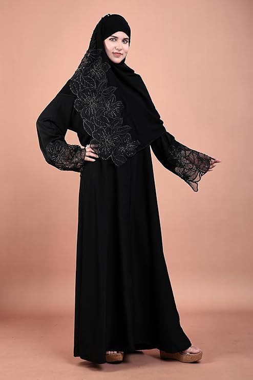 Dibaru V-Neck Floral Net Designer Abaya